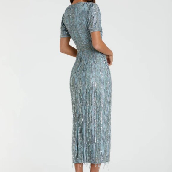 MAC DUGGAL 5980 HIGH NECK SHORT SLEEVE CRYSTAL FRINGE FRENCH BLUE MIDI DRESS 12 - Picture 5 of 6